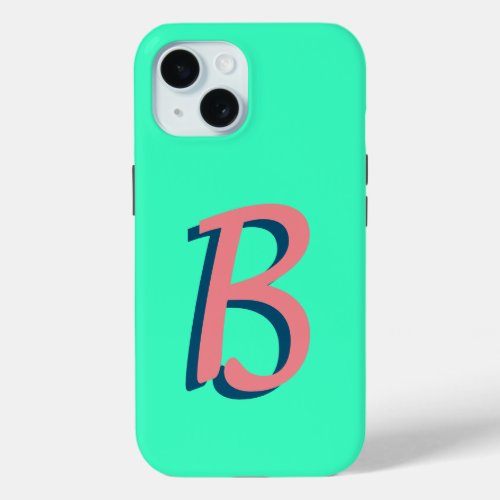 Trendy Blush Pink 3D Text Initial  Neon Teal  iPhone 15 Case