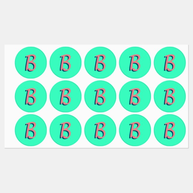 Trendy Blush Pink 3D Text Initial | Neon Teal  Labels (Sheet)