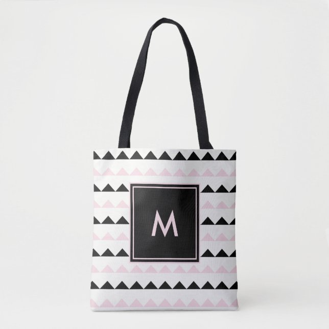Trendy Blush Pink and Black Geometric Triangles Tote Bag (Front)