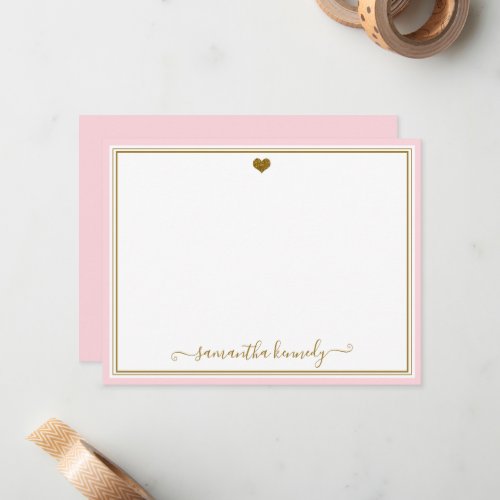 Trendy Blush Pink And Gold Heart Custom Name Note Card