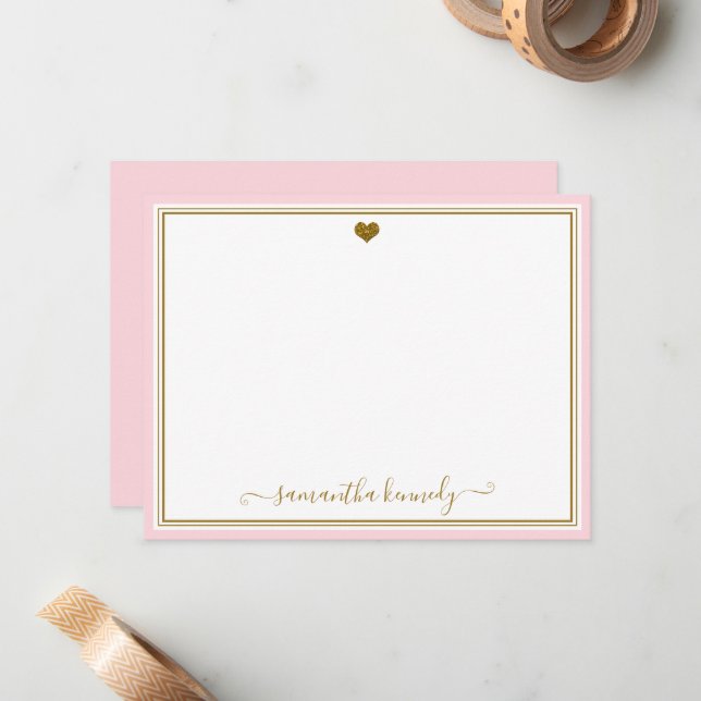 Trendy Blush Pink And Gold Heart Custom Name Note Card (Front/Back In Situ)