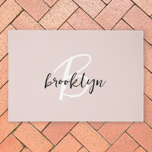 Trendy Blush Pink Black and White Script Monogram Outdoor Rug