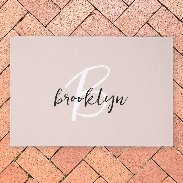 Trendy Blush Pink Black and White Script Monogram  Outdoor Rug (Creator Uploaded)