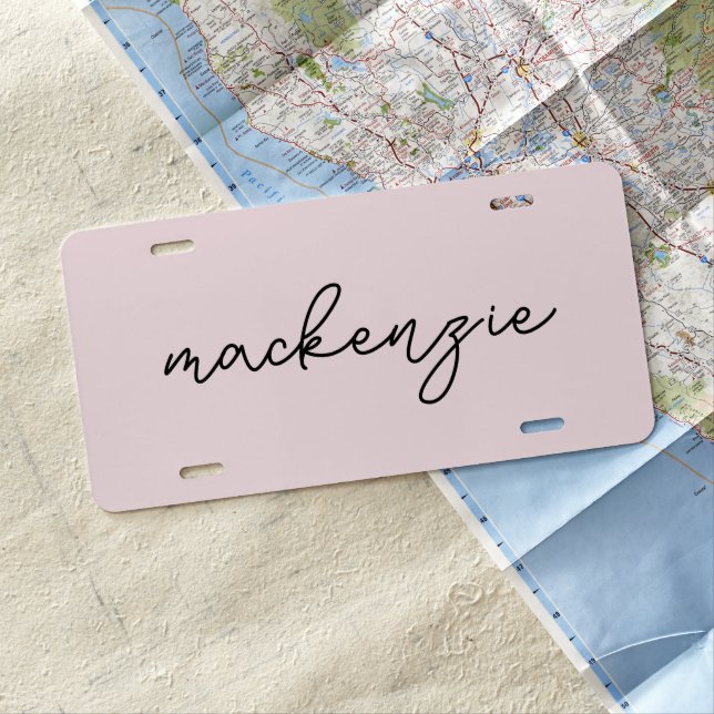 Trendy Blush Pink Black Script Name License Plate (In Situ)