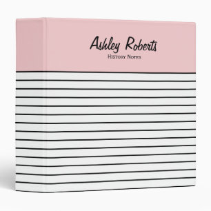 Trendy Blush Pink Black White Stripes School 3 Ring Binder