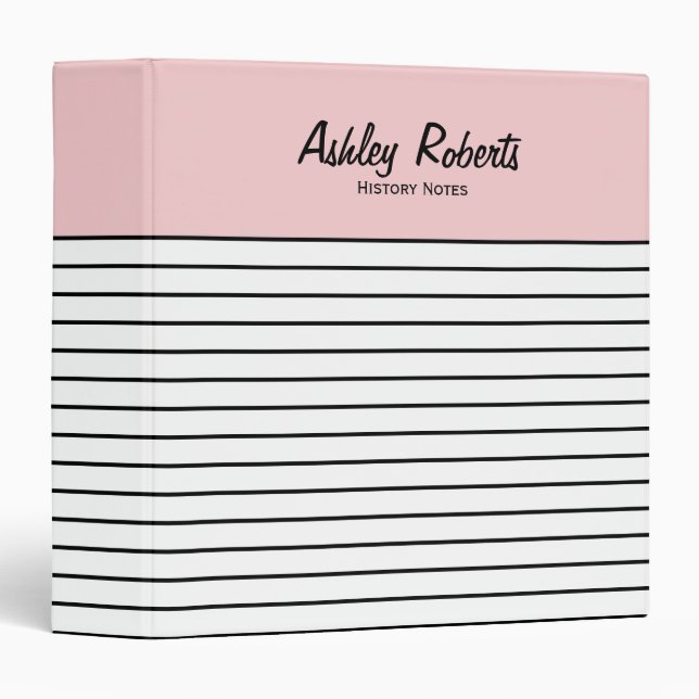 Trendy Blush Pink Black White Stripes School 3 Ring Binder (Front/Spine)