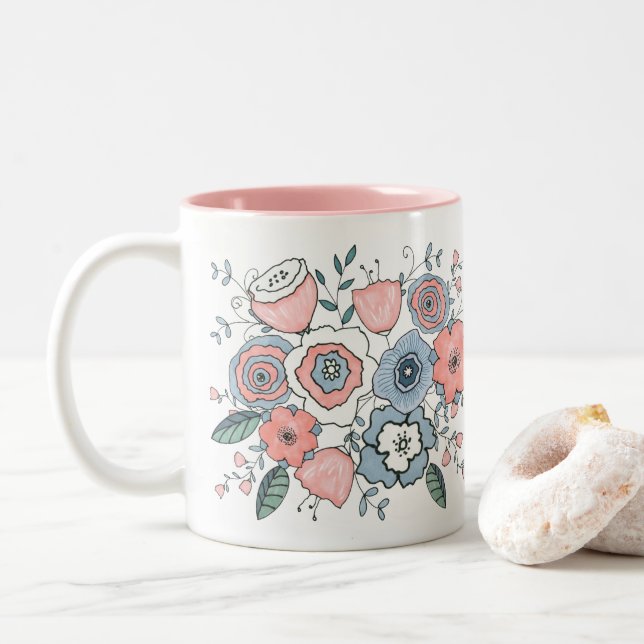 Trendy Blush Pink Blue Boho Flowers Two-Tone Coffee Mug (With Donut)