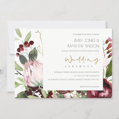 TRENDY BLUSH PINK BURGUNDY PROTEA FLORAL WEDDING INVITATION