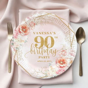 Trendy Blush Pink Floral Gold 90th Birthday Paper Plates