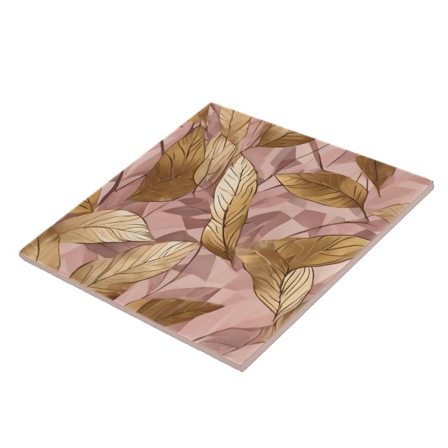 Trendy Blush Pink Gold Boho Leaves Collection Ceramic Tile (Side)