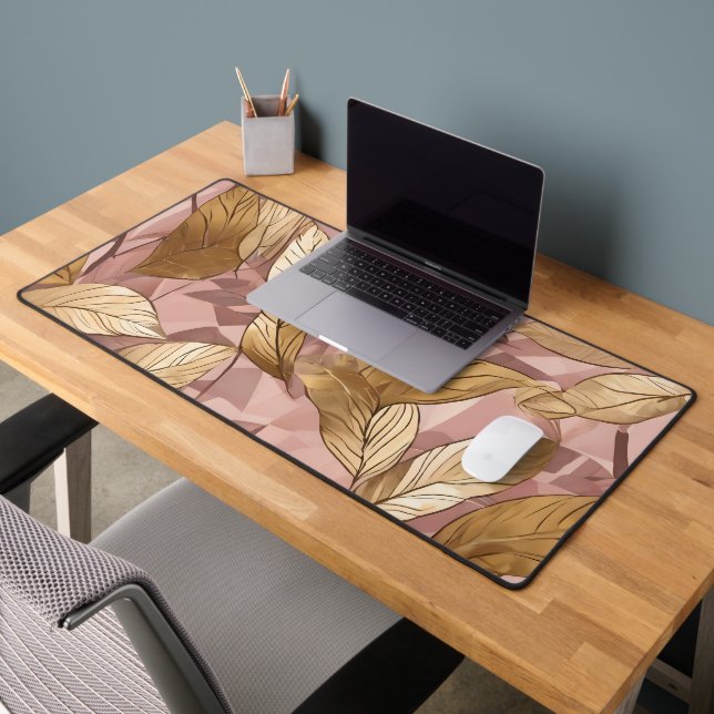 Trendy Blush Pink Gold Boho Leaves Collection Desk Mat (Office 2)