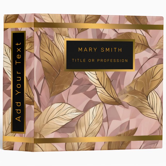 Trendy Blush Pink Gold Boho Leaves Collection Hang 3 Ring Binder (Front/Spine)