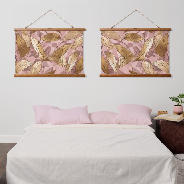 Trendy Blush Pink Gold Boho Leaves Collection Hanging Tapestry (Bedroom)