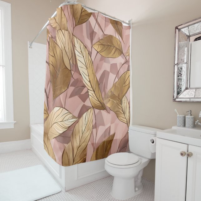 Trendy Blush Pink Gold Boho Leaves Collection Shower Curtain (In Situ)
