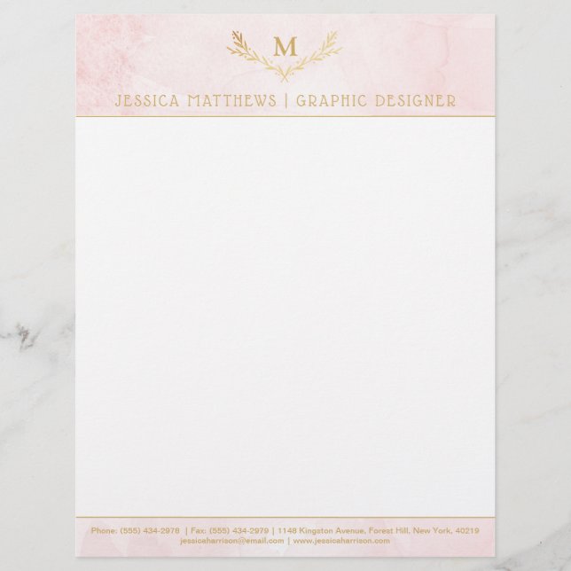Trendy Blush Pink & Gold Foil Monogram Wreath Letterhead (Front)