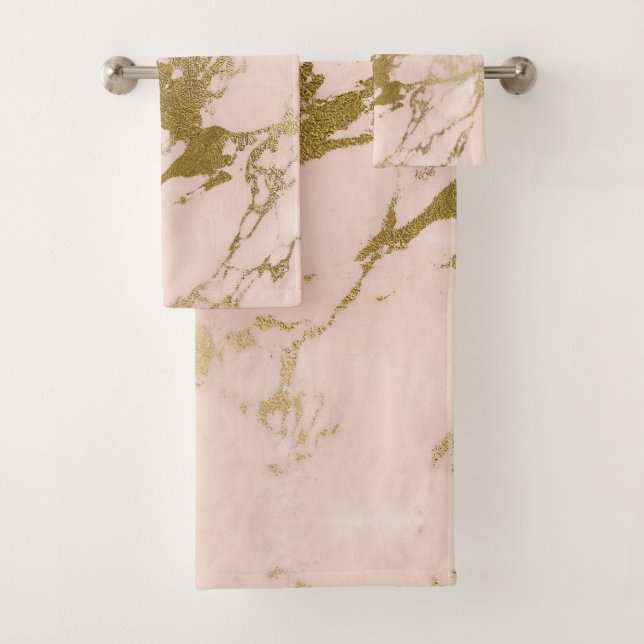 Trendy Blush Pink Gold Marble Bath Towel Set (Insitu)