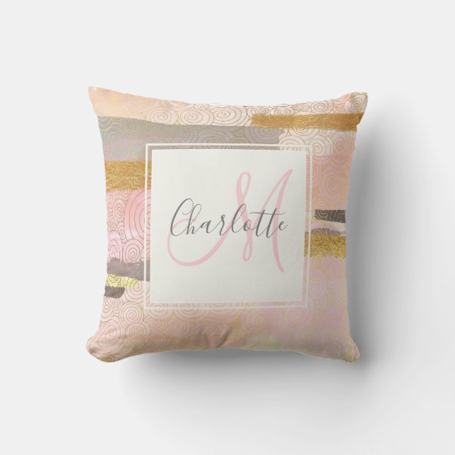 Trendy blush pink gold monogram throw pillow (Front)
