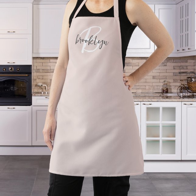 Trendy Blush Pink Gray Script Monogram Name Apron (Creator Uploaded)