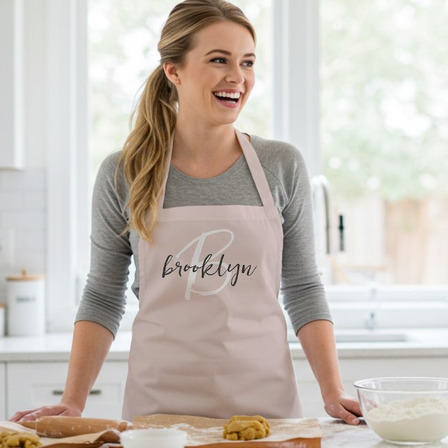 Trendy Blush Pink Gray Script Monogram Name Apron (Creator Uploaded)