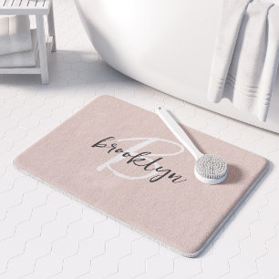 Trendy Blush Pink Gray Script Monogram Name Bath Mat