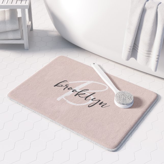 Trendy Blush Pink Gray Script Monogram Name Bath Mat (Creator Uploaded)