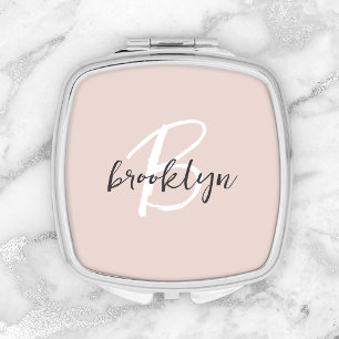 Trendy Blush Pink Gray Script Monogram Name Compact Mirror