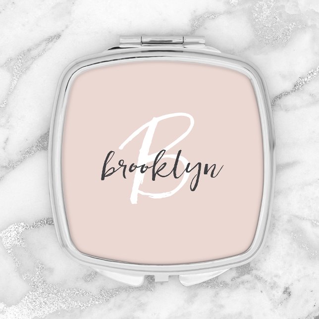 Trendy Blush Pink Gray Script Monogram Name Compact Mirror (Creator Uploaded)