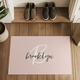 Trendy Blush Pink Gray Script Monogram Name Doormat