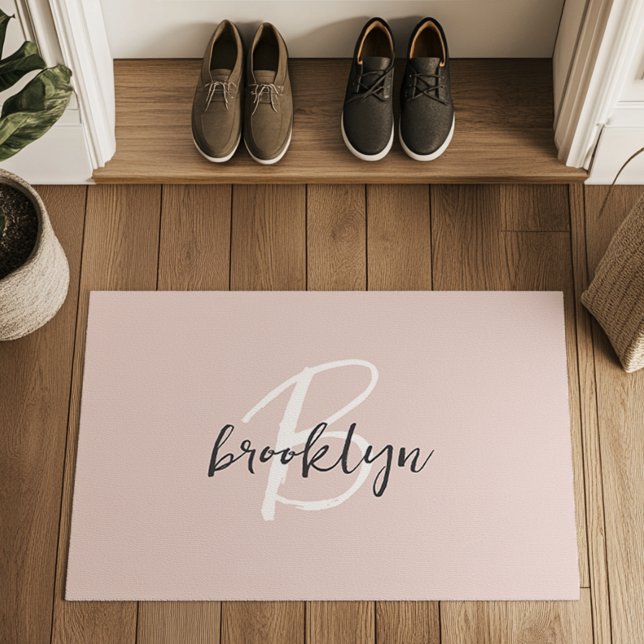 Trendy Blush Pink Gray Script Monogram Name Doormat (Creator Uploaded)