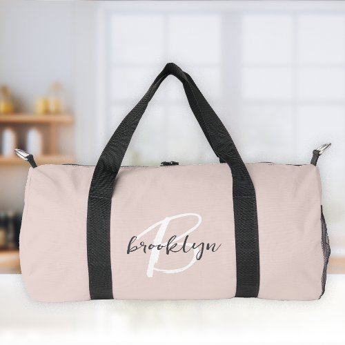 Trendy Blush Pink Gray Script Monogram Name Duffle Bag