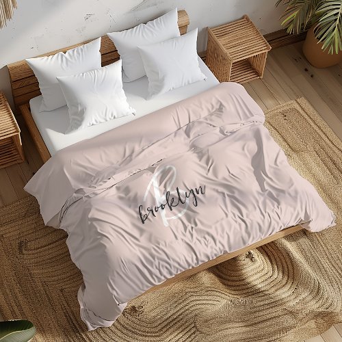 Trendy Blush Pink Gray Script Monogram Name Duvet Cover
