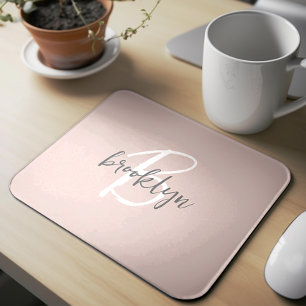 Trendy Blush Pink Gray Script Monogram Name Mouse Pad