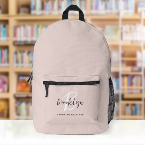 Trendy Blush Pink Gray Script Monogram Name Printed Backpack
