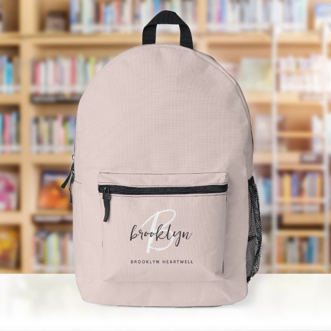 Trendy Blush Pink Gray Script Monogram Name Printed Backpack (Creator Uploaded)