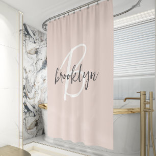 Trendy Blush Pink Gray Script Monogram Name Shower Curtain