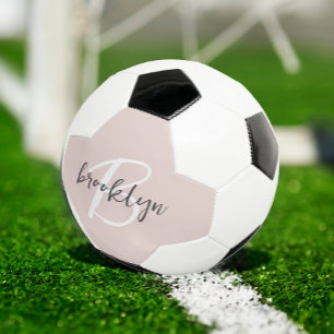 Trendy Blush Pink Gray Script Monogram Name Soccer Ball