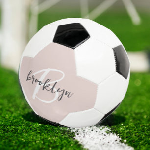 Trendy Blush Pink Gray Script Monogram Name Soccer Ball