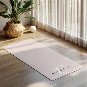 Trendy Blush Pink Gray Script Monogram Name Yoga Mat