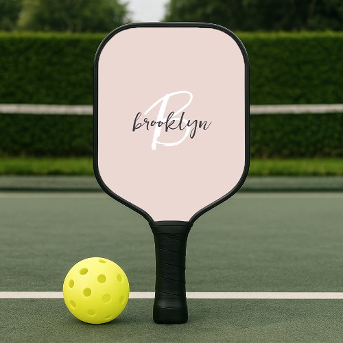 Trendy Blush Pink Gray Script Monogram Pickleball Paddle
