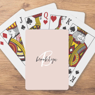 Trendy Blush Pink Gray Script Monogram Poker Cards