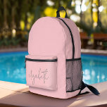 Trendy blush pink - modern script gray name printed backpack<br><div class="desc">A minimal design with a blush pink background with a name in a handwritten,  calligraphy font.</div>