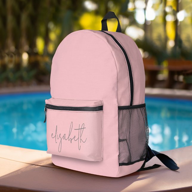 Trendy blush pink - modern script gray name printed backpack (Custom Backpack with a Modern Script Name and Blush Pink background)