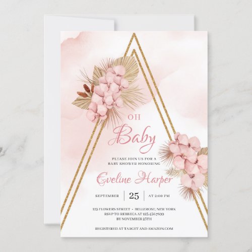 Trendy Blush Pink Orchid Dried Palm Oh Baby Shower Invitation