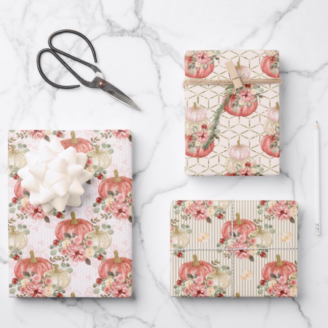 Trendy Blush Pink Peach Cream Flroal Pumpkin Wrapping Paper Sheets (Front)