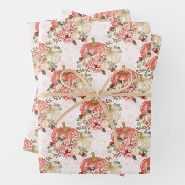 Trendy Blush Pink Peach Cream Little Pumpkin Wrapping Paper Sheets (In situ)