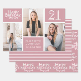 Trendy Blush Pink Photo Collage 21st Birthday Wrapping Paper Sheets