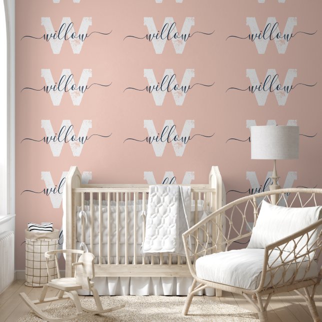 Trendy Blush Pink Script Typography Monogram Girl Wallpaper (Kids)