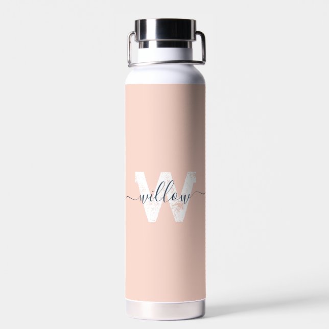Trendy Blush Pink Script Typography Monogram Water Bottle (Back)