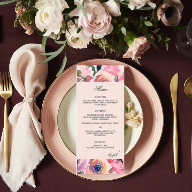 Trendy Blush Pink Watercolor Wedding Dinner Menu (Creator Uploaded)
