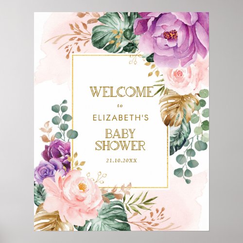 Trendy Blush Purple Tropical Floral Baby Shower Poster